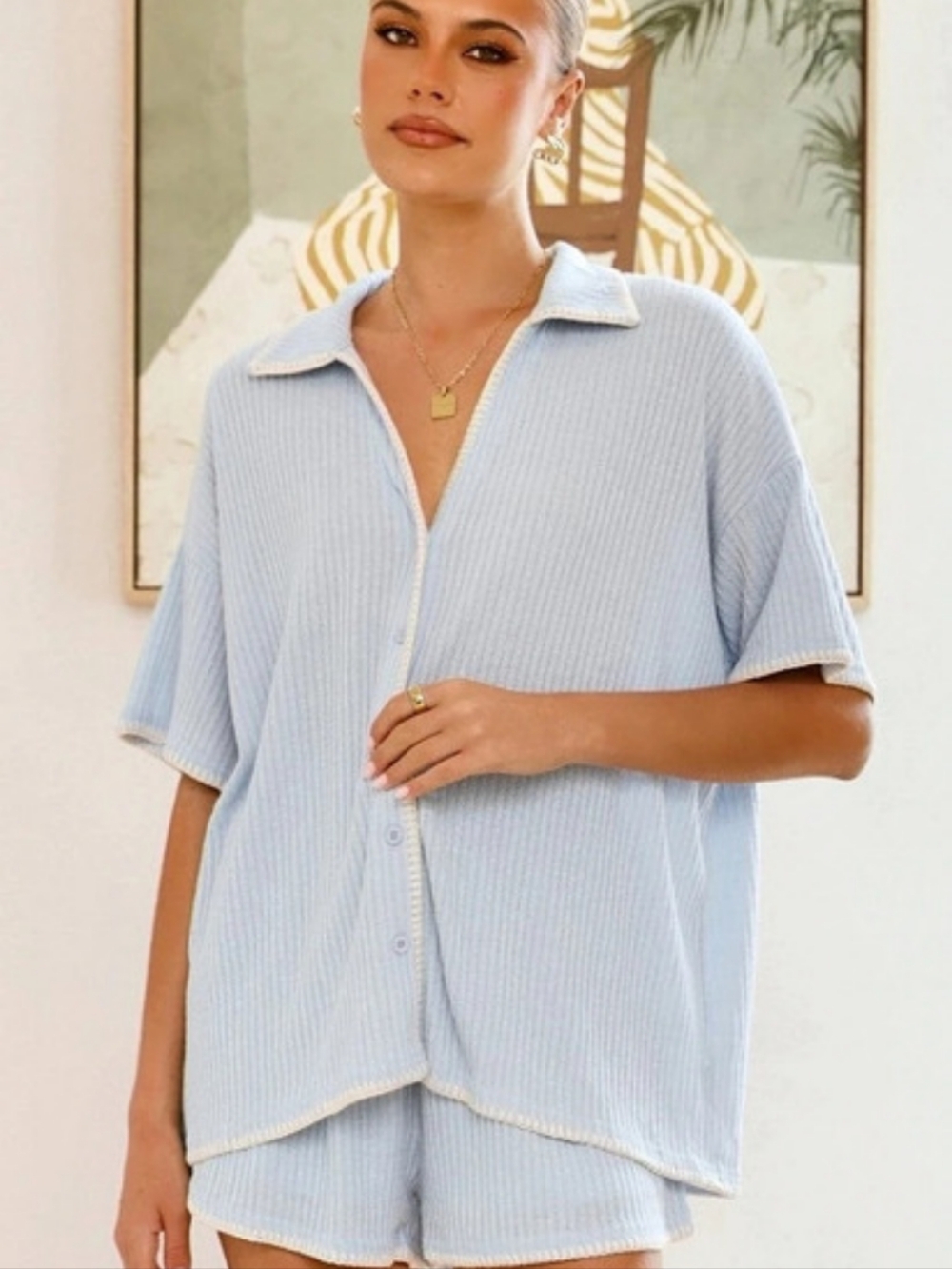 Billy J Blue Ribbed Button-Front Top & Shorts